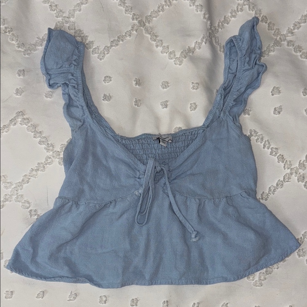 La Hearts Blue Flutter Sleeve Tank Top with Tie Front